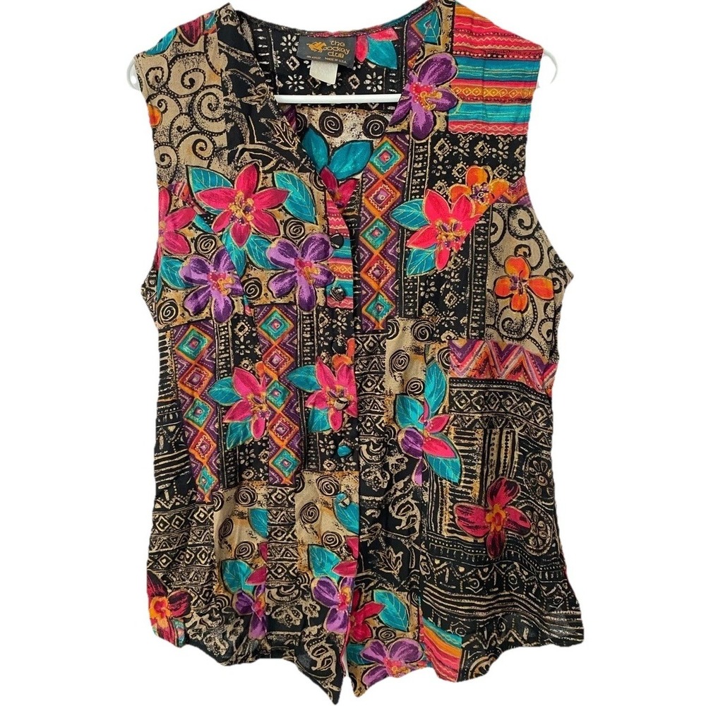Jockey Club Vest Floral Geometric‎ Button up Top Colorful Artsy Womens Large vtg
